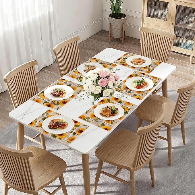 Vintage Sunflower Placemats Set of 6,Waterproof Heat Resistant Dining Table Plate Mat for Home Kitchen Dining Table 12x18Inch