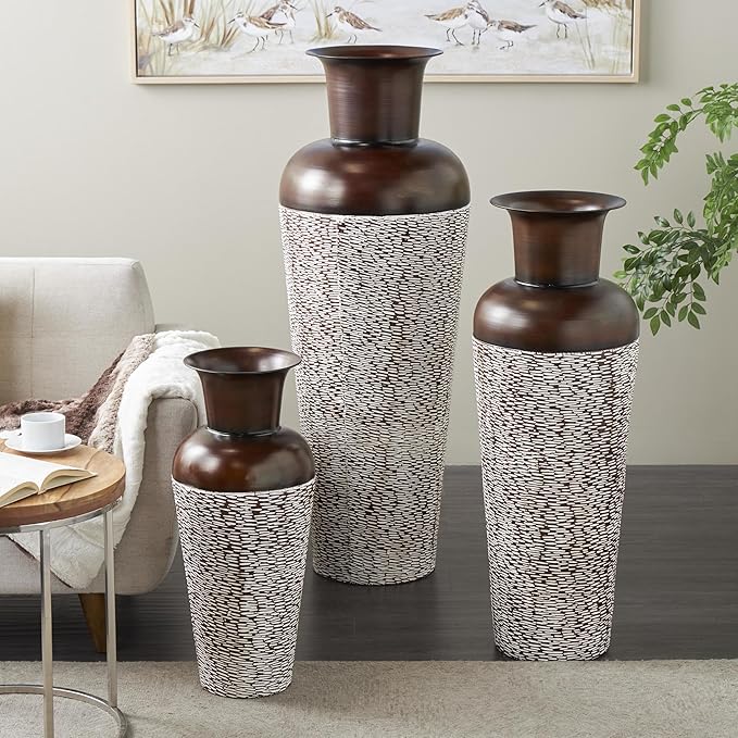 Deco 79 Metal Decorative Vase Tall Spotted Tapered Floor Centerpiece Vases with Brown Trumpet Tops, Set of 3 Flower Vases for Home Decoration 18", 39", 28" H, White