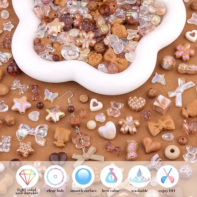 Assorted Acrylic Beads, 200-260PCS Brown Cute Beads for Bracelet Making, GummyBear Bow Flower Candy Kawaii Charms for Jewelry Making DIY Necklace Keychain Phone Charm Christmas Gift