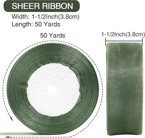 1-1/2 Inch x 50 Yards Sheer Organza Ribbon Chiffon Ribbon for Gift Wedding Flower Bouquet Wrapping Decorations Crafts (Sage Green)