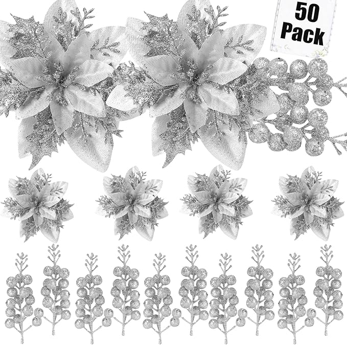 50pcs Glitter Poinsettia Christmas Ornaments, Artificial Flowers with Clips Stems for DIY Wreath Making, Holiday Home Party Decorations, Indoor Use (Sliver)