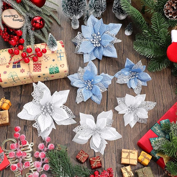 Boao 24 Pieces Christmas Artificial Glitter Poinsettia Flowers Xmas Flowers Wedding Christmas Tree New Year Ornaments (Sky Blue and Silver)