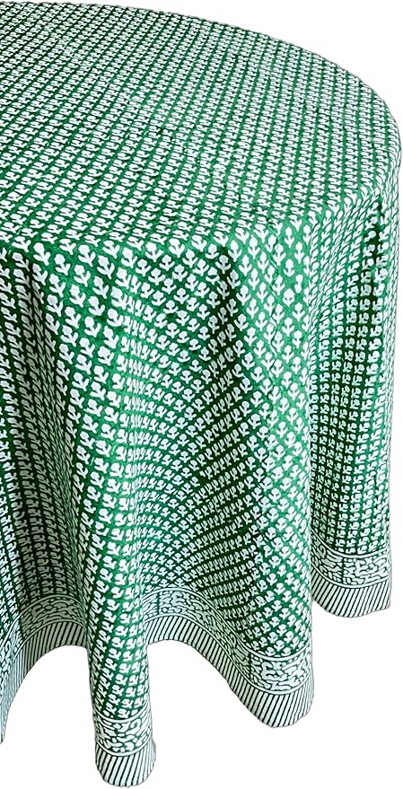 ATOSII Queen Green 100% Cotton Round Tablecloth, Handblock Print Floral Table Cloth for Kitchen Dining Linen I Parties, Weddings, Outdoors, Christmas, Thanksgiving I 90" Inches Round I 6 Seater