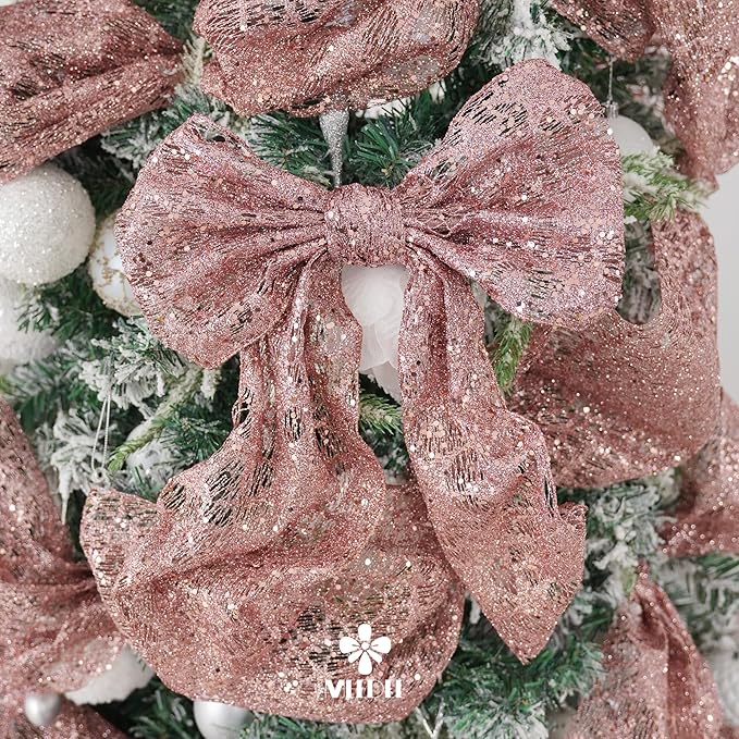 MEEDEE 6 Inch Wide Wired Ribbon Rose Gold Glitter Mesh Web Wired Edge Ribbon by 10 Yards Roll Rose Gold Wired Ribbons for Christmas Tree, Garland, Holiday Wreaths, Bows, Centerpiece, Gift Wrapping