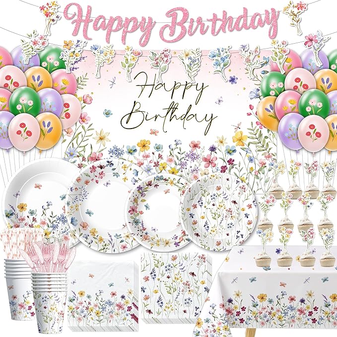 Wildflower Party Supplies, Floral Party Decorations Tableware, Plate, Napkins, Cup, Cutlery, Tablecloth, Backdrop, Banner, Spring Summer Flower Decorations For Birthday, Baby Shower, Serve 24