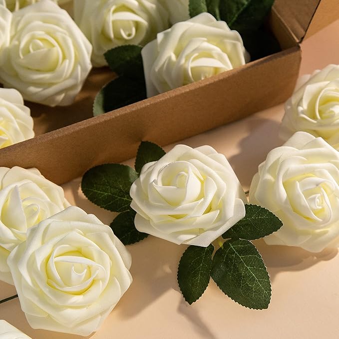 Artificial Flower Foam Rose 25pcs Real Looking Fake Rose with Stems Leaves for Home Decoration Party Garden Centerpieces DIY Wedding Bouquets（Ivory White）