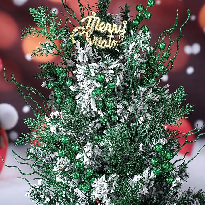 75 Pcs Christmas Glitter Branches 3 Styles Artificial Christmas Picks Berries Stems Pine Needles Floral Twig Spray for Xmas Tree Ornaments DIY Wreath Garland(Green)