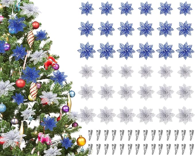 Boao Blue,Silver 24 Pieces Poinsettia Flower Christmas Glitter Artificial Poinsettia with Clips Christmas Tree Ornament Decorations for DIY Xmas Wreath Holiday Home Party Decor, 3/4/6 Inches