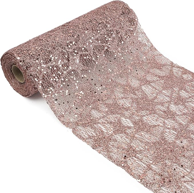 MEEDEE Rose Gold Glitter Mesh Star Web Ribbon 10 Inch Wide by 10 Yards Roll Rose Gold Fabric Ribbon Decorative Mesh Ribbon for Christmas Tree, Garland, Wreaths, Bows, Home Decor