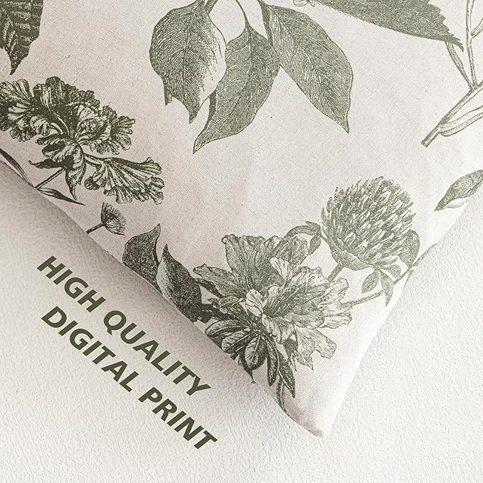 Foindtower Set of 2 Linen Floral Throw Pillow Covers Neutral Vintage Print Decorative Cushion Covers Farmhouse Boho Home Decor for Sofa Chair Couch Bedroom Living Room,22×22 Inch,Sage Green