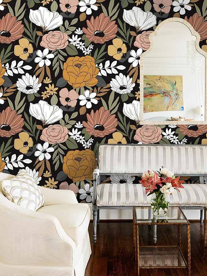Floral Peel and Stick Wallpaper Black Removable Wallpaper Dark Boho Renter Friendly Textured Wallpapers for Bedroom Stick On Contact Paper for Locker Cabinet 17.5 x 118 in