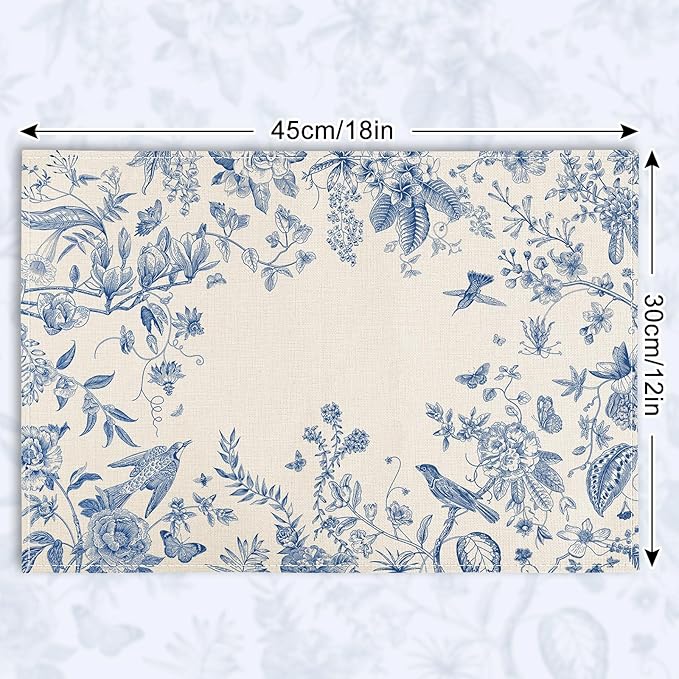6Pcs Blue White Floral Placemats Flower Birds Branches Table Place Mats 12 x 18 in Vintage Non-Slip Heat Resistant Kitchen Dinner Mat for Home Dining Table Decoration