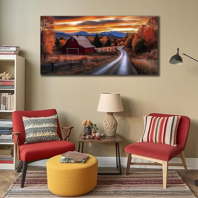 JuhaiArt Large Natural Wall Art Landscape Canvas Decor Fall Canvas Picture for Living Room Bedroom Red Barn Farmhouse Artwork 29" x 59"