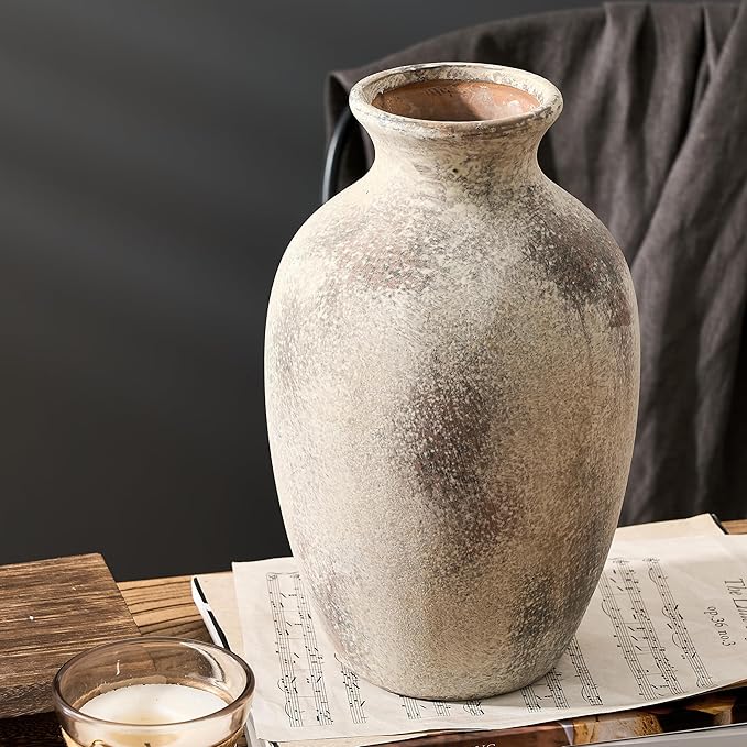 Large Ceramic Rustic Flower Vase, 10.43 Inch Tall Vintage Pottery Home Decor, Antique Farmhouse Terracotta Vase for Living Room, Table, Shelf, Mantel Decoration, Farmhouse - Natural Brown