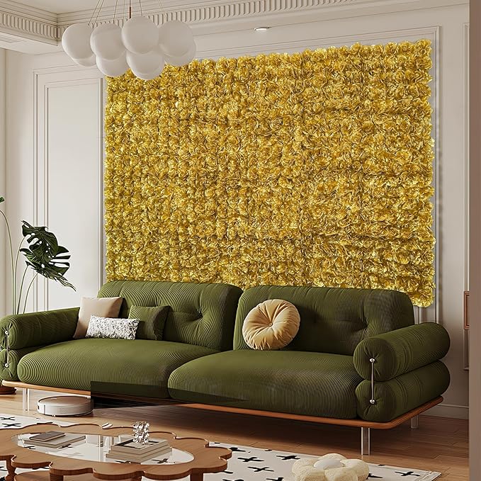 Flower Wall Backdrop12 pcs 16.5x16.5 Inch Floral Wall Panel Artificial Silk Rose Wall Decor Ideal for Wedding Celebrations, Festive Party Backdrops, and Home Decor-Gold