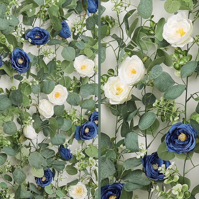 TOCHGREEN 4 Pack Artificial Eucalyptus Flower Garland with White and Blue Roses, Fake Rose Flower Greenery Garland Floral Vines for Wedding Home Party Table Runner Decor (Blue White, 4PCS)