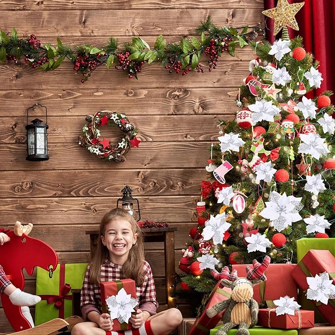 Boao 24 Pieces Christmas Artificial Glitter Poinsettia Flowers Xmas Flowers Wedding Christmas Tree New Year Ornaments(White)
