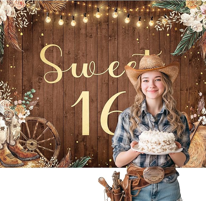 SVBright Sweet 16 Backdrop 8Wx6H Western Cowgirl Retro Boho Pampas Grass Country Flower Floral West Rustic Wooden Boots Hat Farmhouse Decorations Photography Background Banner Photo Booth Studio