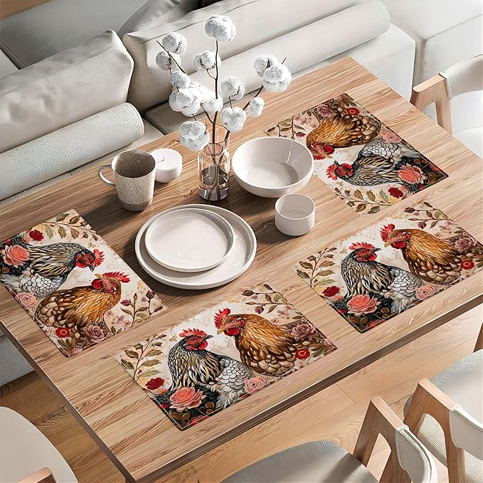 Rooster Placemats Set of 4 Farmhouse Chicken Plants Flower Placemats Farm Cock Chicken Country Hen Washable Place Mats for Party Kitchen Dining Decoration 4 PCS