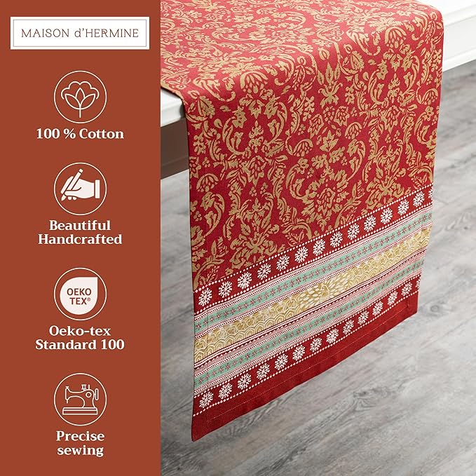 Maison d' Hermine Table Runner 100% Cotton Single Layer Table Runners 108 inches Long for Thanksgiving Christmas Decorations Home Kitchen Dining Party Wedding (Sofia, 14.5" x 108")