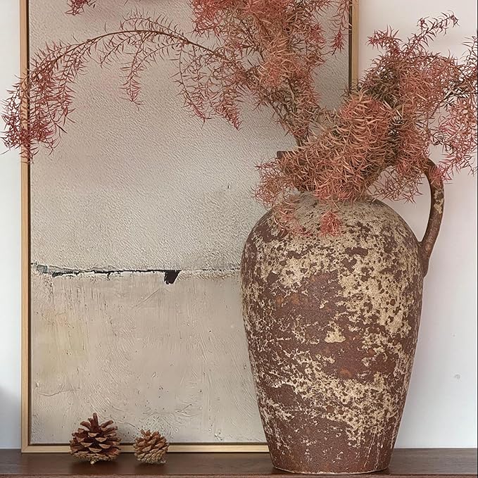 Brown Ceramic Rustic Farmhouse Vase Jug Pitcher with Handle, Distressed Antique Terracotta Pottery Flower Vase 14.2 Inch Handmade Large Floor Vintage Decorative for Home Living Room Decor