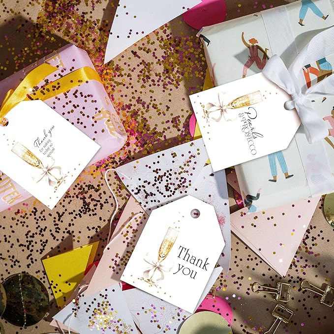 Pro Supply Global 24 Count of 2.5 Inch x 3 Inch Pre Strung Pearls and Prosecco Gift Tag Assorted Printed Designs on Large Cardstock Gift Hang Tags - Ideal to Use on Bags