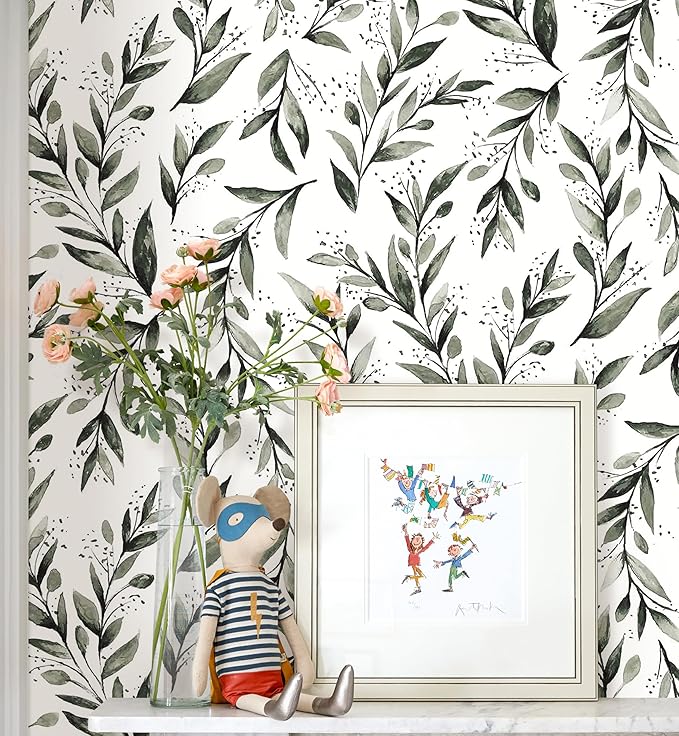 Erfoni Leaf Peel and Stick Wallpaper Dark Green Contact Paper 17.7inch x 590.5inch Greenery Eucalyptus Wallpaper Peel and Stick Leaves Plant Self Adhesive Wall Paper for Bathroom Livingroom Decor