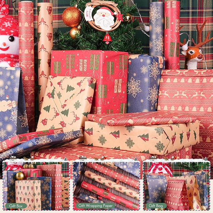 Happypapa Christmas Wrapping Paper, Kraft Xmas Wrapping Paper Rolls - Jingle Bell, Reindeer, Gift and Snowflakes Pattern - 4 Rolls - 17 Inch × 120 Inch Per Roll
