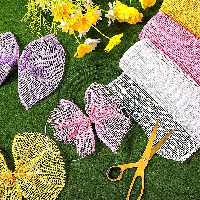 Chuangdi Easter 4 Rolls Poly Burlap Mesh Poly Burlap Deco Ribbon Mesh Roll for Spring Summer 4th of July DIY Flower Wreath Garland, 10 Inch(Pink, Yellow, Light Purple, White)