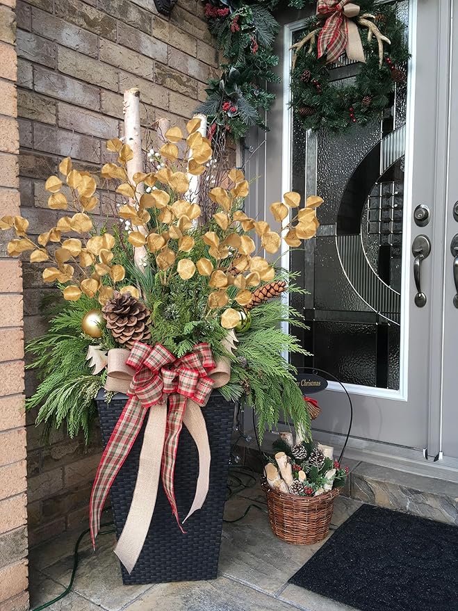 Hollyone 32” Christmas Tree Picks and Sprays 3Pcs Gold Artificial Eucalyptus Stems Eucalyptus Leaves Branches Fake Gold Leaf Floral for Vase DIY Xmas Tree Garland Wreath Centerpieces Wedding Decor