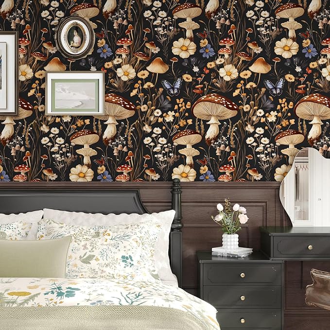 Peel and Stick Wallpaper Mushroom Wallpaper Vintage Floral Contact Paper Leaf Wall Paper for Shelf Liner Backsplash Living Room Renter Friendly Removable 17.5 x 118In