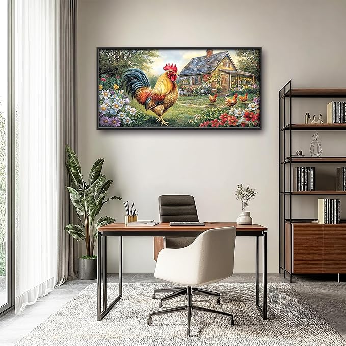 Farmhouse Chicken Large Decor Framed Wall Art Country Rooster Pictures for Living Room, Oversized Canvas Print Painting Modern Extra Large Framed Artwork for Bedroom Office Home Decor 60"x30"