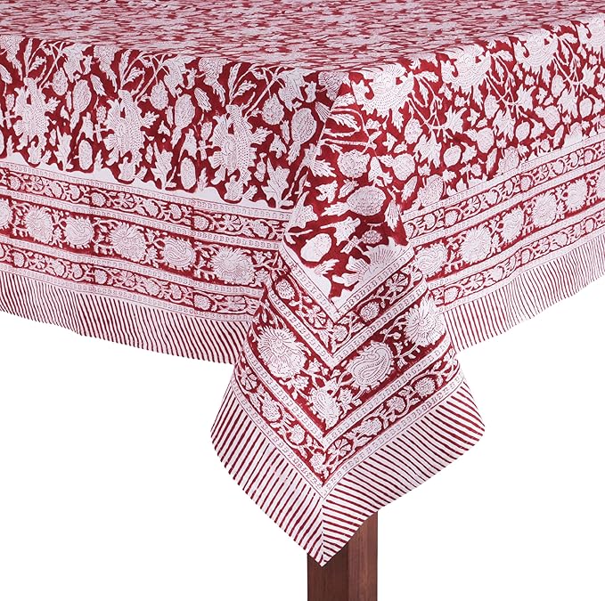 ATOSII Meraki Red 100% Cotton Tablecloth, Handblock Print Rectangle Table Cover for Kitchen Dining I Tabletop Linen I Thanksgiving, Christmas, Wedding, Fall Table Cloth 72 X 108 Inches I 8 Seater