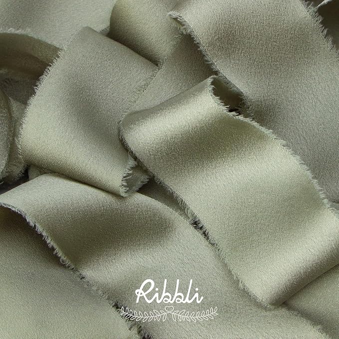 Ribbli Dusty Sage Green Silk Satin Ribbon 1.5 Inch x 30 Yard Handmade Frayed Chiffon Dusty Sage Ribbon for Gift Wrapping Wedding Invitations Bridal Bouquets Home Decor