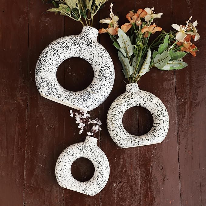 Ajuny Donut Vase Set of 3 – White & Grey Ceramic Hollow Vases for Pampas Grass, Modern Boho Home Decor, Table Centerpiece, Wedding, Living Room, Office, Bedroom (8", 6", 4")