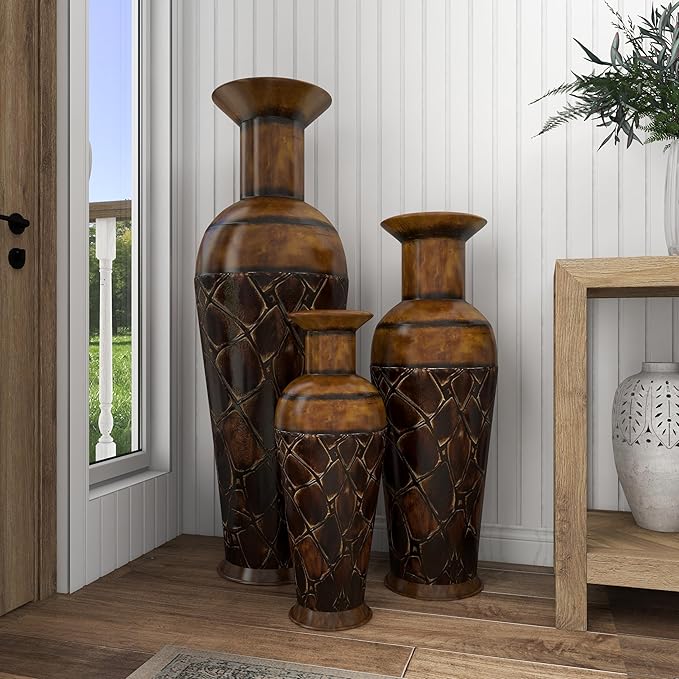 Deco 79 Metal Decorative Vase Indoor Outdoor Tall Floor Bottleneck Centerpiece Vases with Tortoise Shell Pattern, Set of 3 Flower Vases for Home Decoration 50", 35", 26"H, Brown