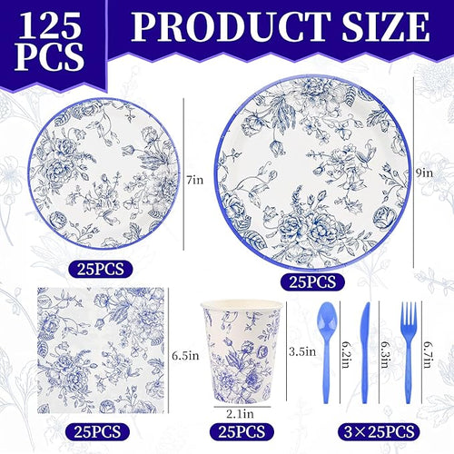175Pcs Blue Floral Paper Plates and Napkins 25 Guests Blue Toile Chinoiserie Party Supplies Set Include Plates Napkins Cups Spoons Forks Knives for Birthday Wedding