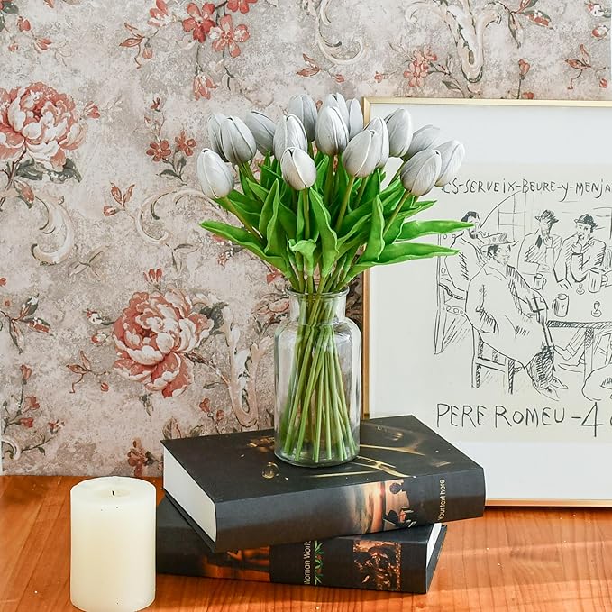 Mandy's Artificial Tulips 20 Stems Silver Grey PU Faux Flowers for Thanksgiving and Christmas Decorations Wedding Home Decor 13.5 Inch