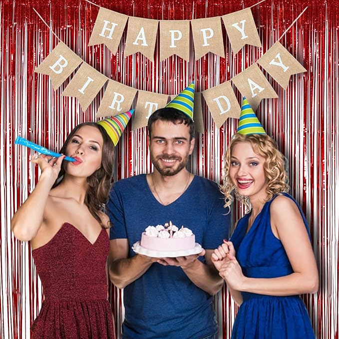 Red Tinsel Curtain Party Streamer, Foil Curtain Backdrop Photo Booth Props for Birthdays Bridal Shower Valentines New Years Party Decorations - 2 Pack 3.2×8.2ft