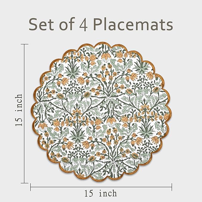 Ridhi Goldenrod Yellow Spring Place Mat Double Layer Floral Cotton Washable Placemats 15" Round Embroidery Block Print Table Mat (Pack of 4-15 Inch Round)