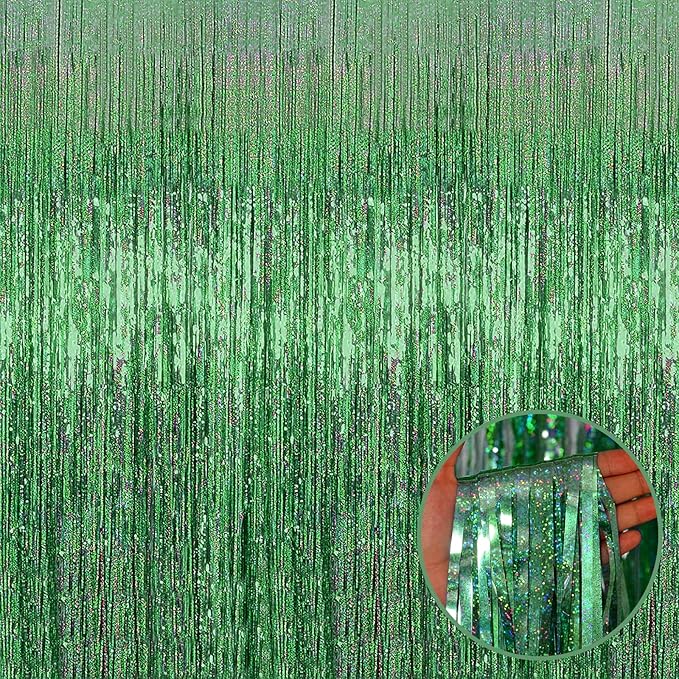 4 Pack Light Green Tinsel Foil Fringe Curtain Backdrop, 3.28Ft x 8.2Ft Metallic Streamers for Photo Booth Props Wedding Bridal Shower Bachelorette Birthday Halloween Christmas Party Decoration