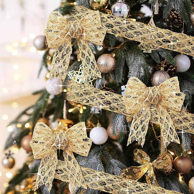 Geosar 20 Yards Gold Glitter Mesh Wired Ribbon for Christmas Tree Decorations, Gift Wrapping, DIY Craft, Xmas Wreaths, Cabinet Decor (1.5 Inch)