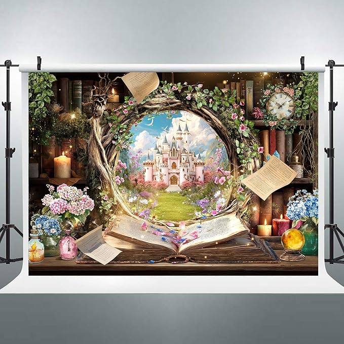 Riyidecor Fairy Woodland Library Backdrop Polyester Fabric Enchanted Castle Tale Reading Bookshelf Pink Floral Plant Botaniy 7Wx5H Feet Magic Nature Photography Background Birthday Photo Studio Shoot