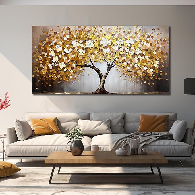 WDHCG Gold and White Tree Painting Wall Art For Living Room - Tree Of Life Wall Decor For Office - Extra Large Wall Art For bedroom Size 36 x 72 Inch