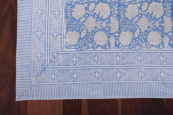 ATOSII Azora Blue 100% Cotton Square Summer Tablecloth, Block Print Floral Table Cloth for Dining, Outdoors, Parties, Weddings I Grand Millenial Decor 60 X 60 Inches I 4 Seater
