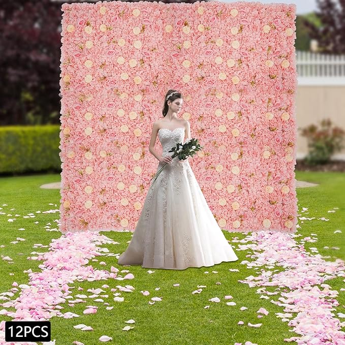 12pcs Artificial Flower Panels, 3D Floral Mat Silk Hydrangea Rose Floral Panel for Wedding Backdrop Wall Decor Shop Photo Backdrop, Festival & Event Wall Décor (15 x15in, Champagne Pink)