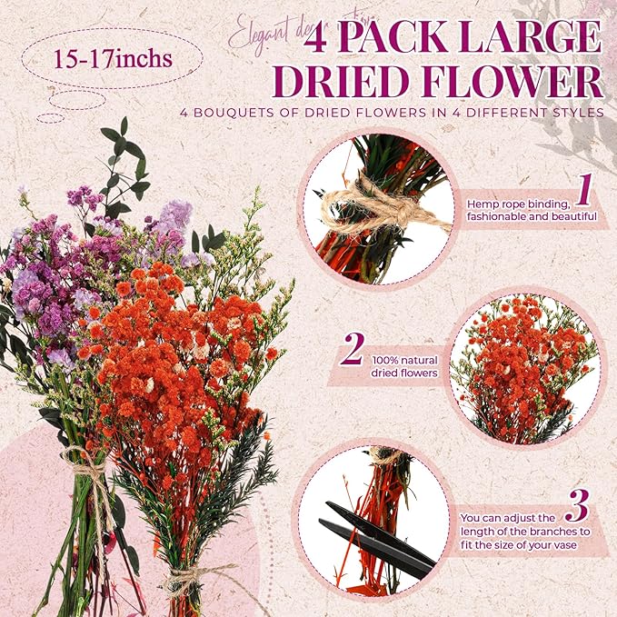 Layhit 4 Pack Large Size Boho Dried Flower Bouquet 15-17 Inch Wedding Handmade Dry Flowers for Vase Crafts DIY Photo Boutonniere for Men Floral Plant for Bridesmaid Gift Birthday Decor(Babysbreath)