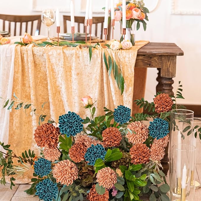 Artificial Flowers, 25pcs Realistic Artificial Rose for DIY Wedding Bouquets Centerpieces Arrangements, Shades of Terracotta and Dark Teal Dahlia Flowers with Stem for Party Home Decorations