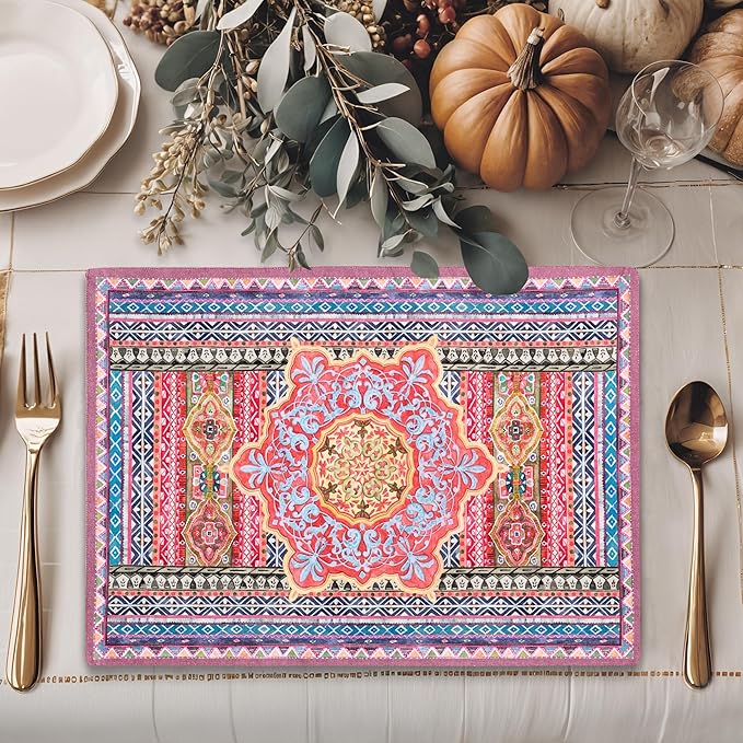 Maison d' Hermine Placemats Set of 4 100% Cotton Washable Cloth Place Mats, Reusable Table Mats for Thanksgiving Christmas Decorations Kitchen Dining Party Wedding Restaurant (Ispahan, 13" x 19")