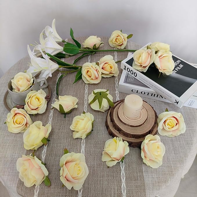 Artificial Satin Rose Flower Heads,42 Pcs Silk Rose Heads with Stems,3.3'' Rose Artificial Flowers Bulk,Artificial Rose Flower Heads for DIY Crafts Bouquet (42, Champagne)
